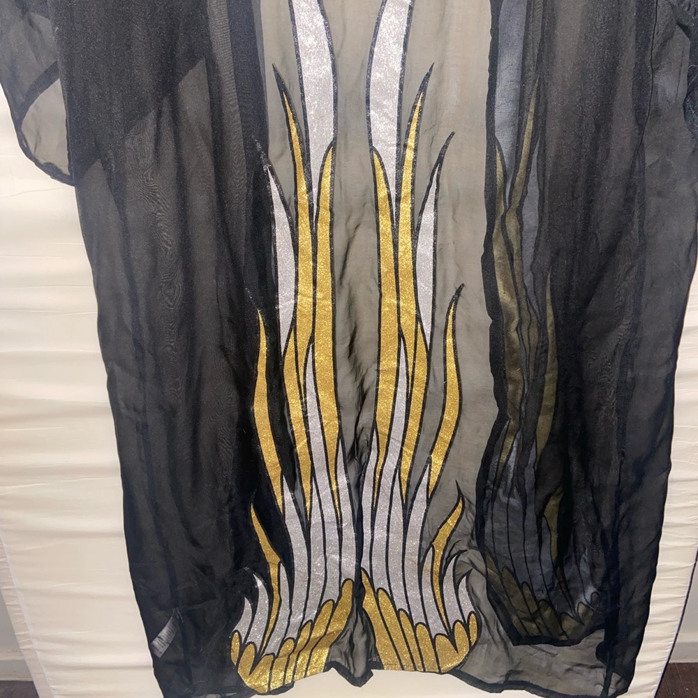 Dolls Kill Black Sheer Kimono with Gold and Silver Feathers Angel Wings NWD